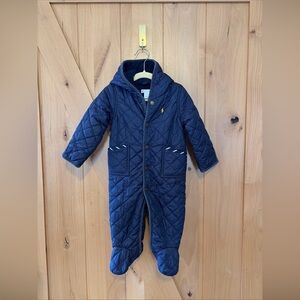 Ralph Lauren Baby Quilted Snowsuit 9M Navy Hooded One-Piece Bunting Unisex